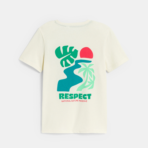 تيشيرت بطبعة عبارة وزخارف أوراق الشجر في الأمام والخلف أوف وايت للأولاد